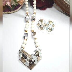 Vintage Japan Blue & Grey Hand Painted Ceramic Beaded Necklace Earrings Set